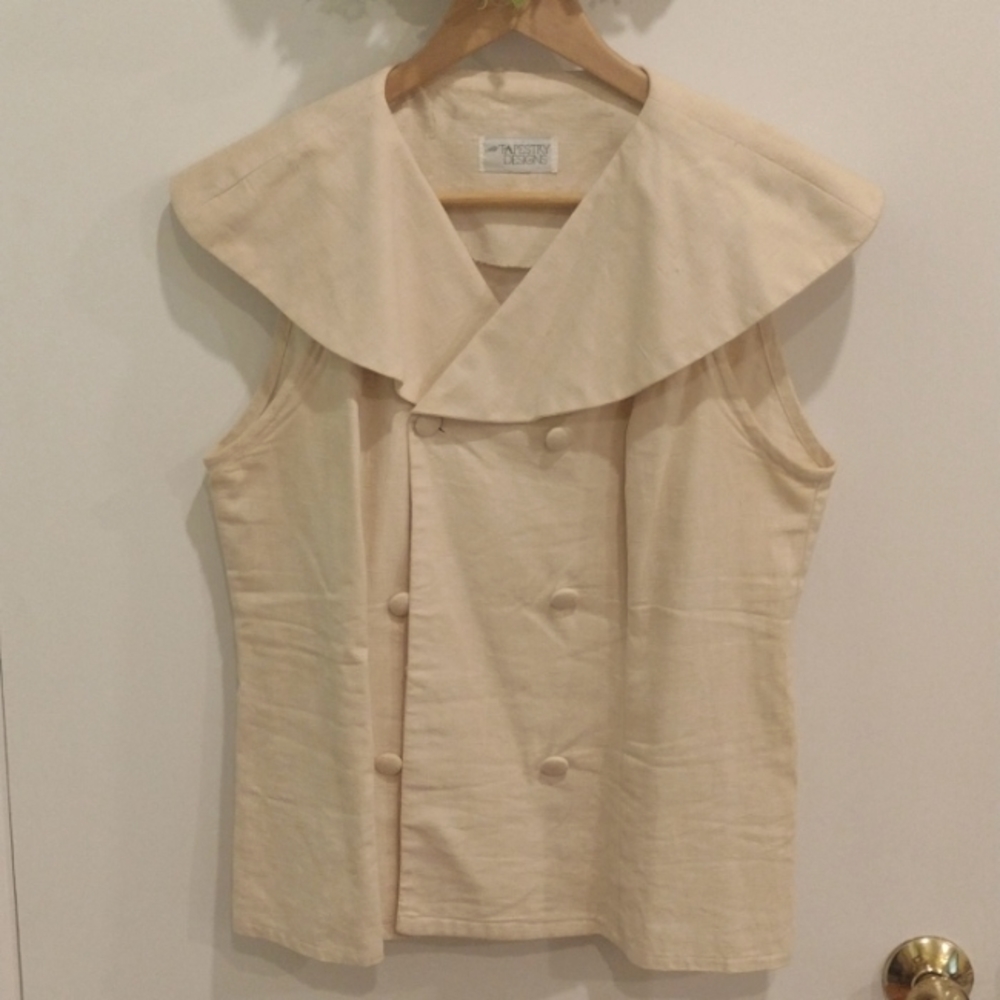 VINTAGE SLEEVELESS DBL BREASTED LINEN TOP (L) - Picture 3 of 11
